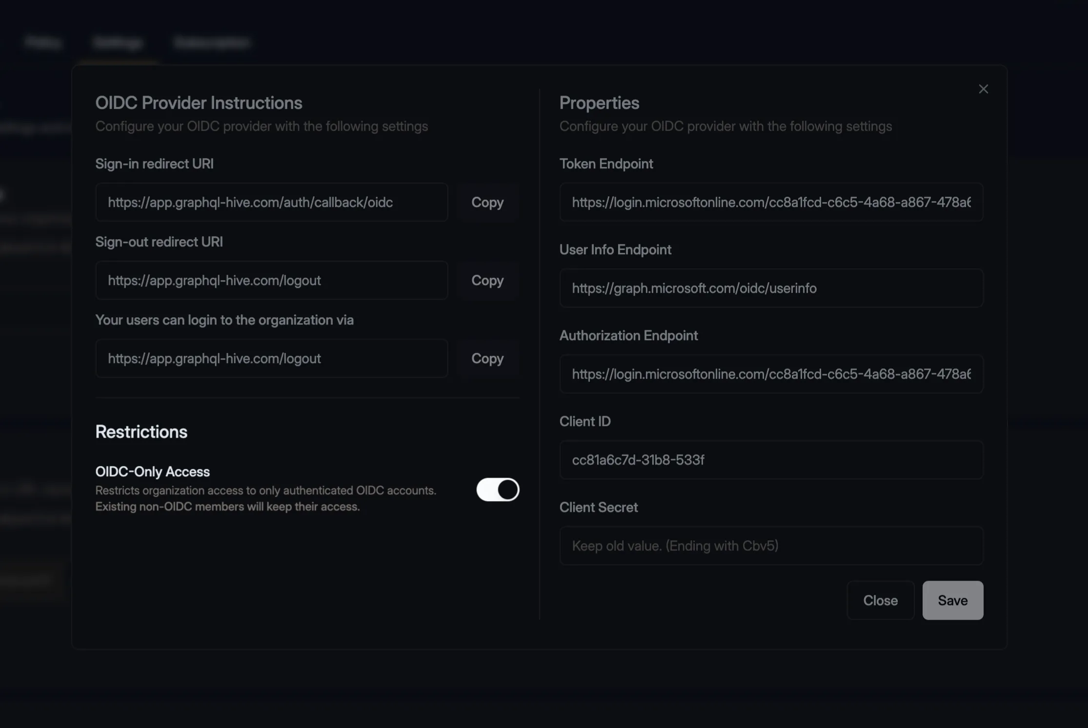 OIDC Configuration modal